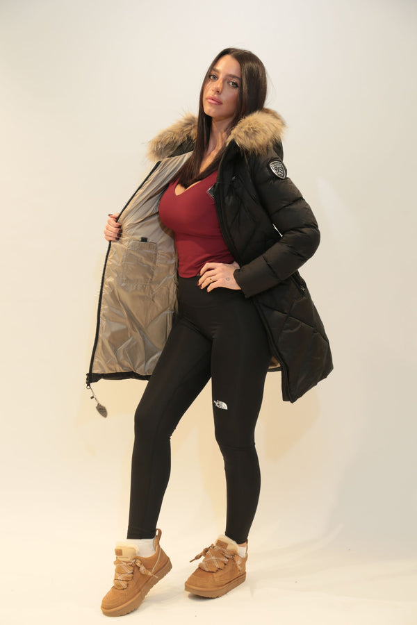 BLAUER - Piumino Lungo a Linee Geometriche Althea Nero Donna A/I 2025-26