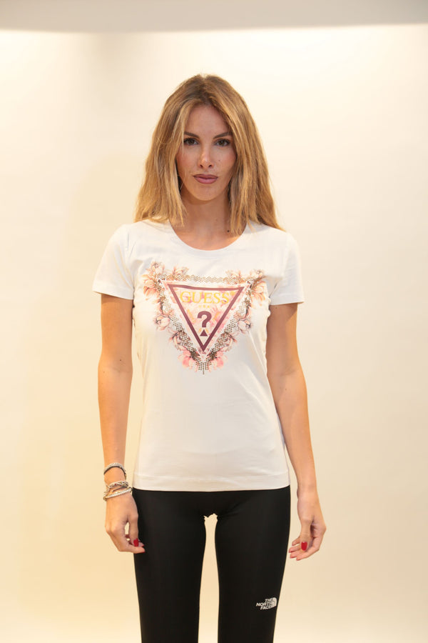 Maglietta GUESS Donna Triangle Flowers Bianco/Rosa - Collezione A/I 2025/26