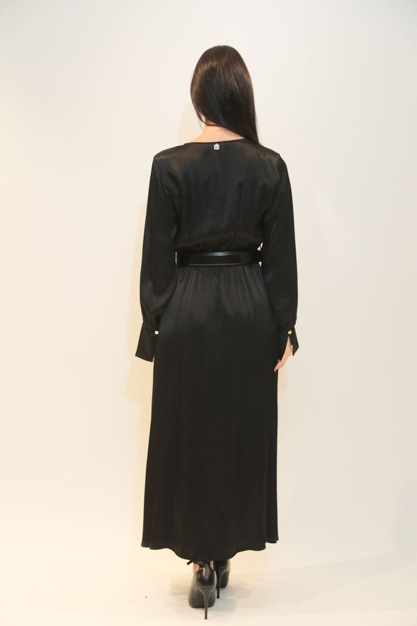FRACOMINA - Abito Lungo Nero con Scollo a V e Cintura Logo Donna A/I 2025/26