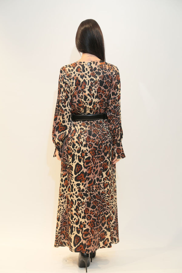 FRACOMINA - Abito Lungo Marrone Biscotto con Scollo a V e Cintura Logo Donna