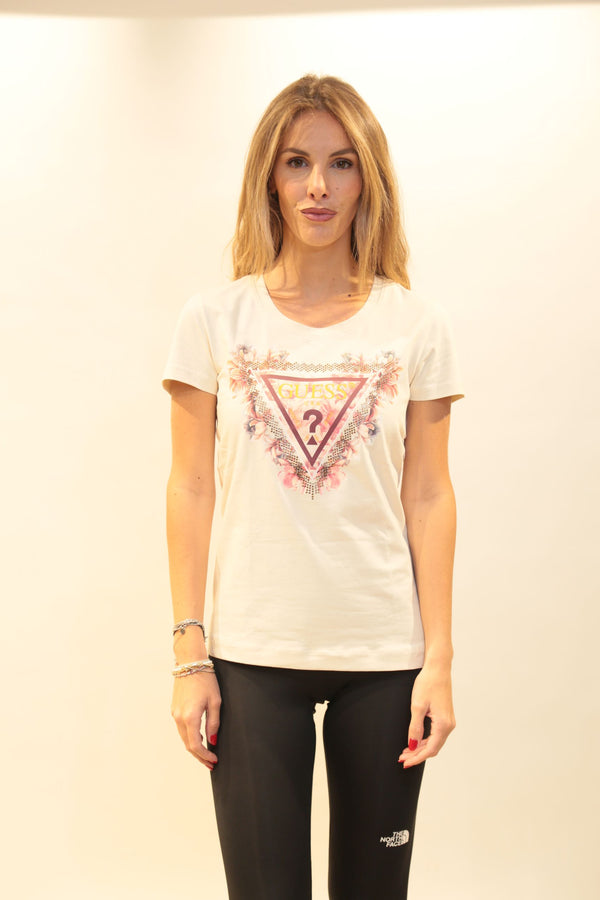 Maglietta GUESS Donna Triangle Flowers Bianco/Rosa - Collezione A/I 2025/26