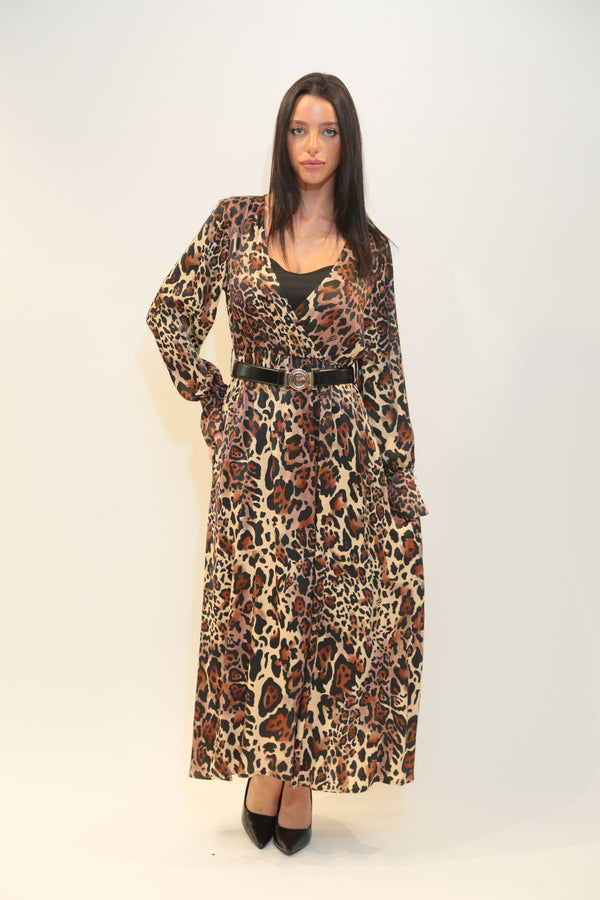 FRACOMINA - Abito Lungo Marrone Biscotto con Scollo a V e Cintura Logo Donna