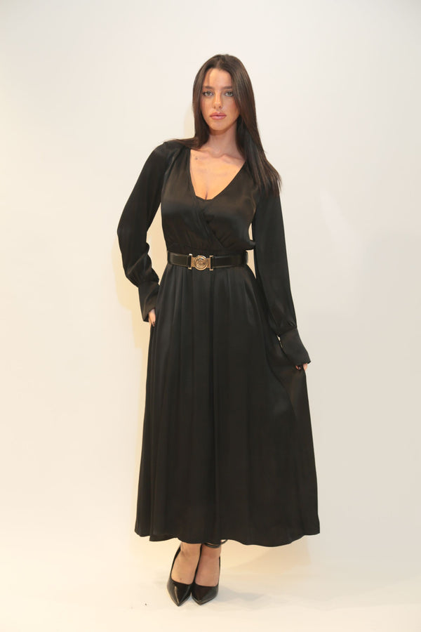 FRACOMINA - Abito Lungo Nero con Scollo a V e Cintura Logo Donna A/I 2025/26