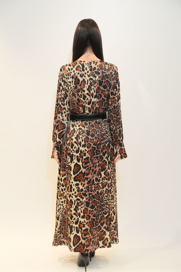 FRACOMINA - Abito Lungo Marrone Biscotto con Scollo a V e Cintura Logo Donna