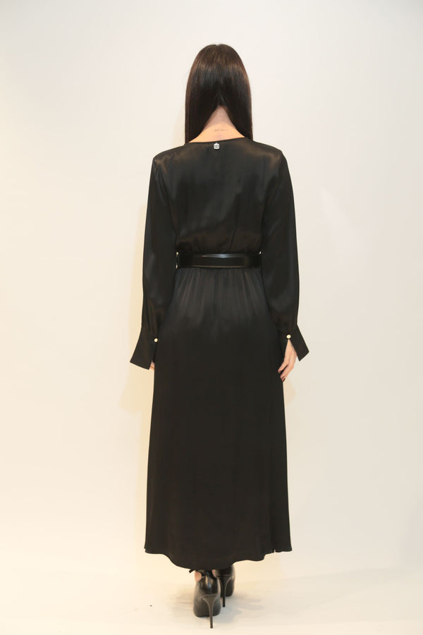 FRACOMINA - Abito Lungo Nero con Scollo a V e Cintura Logo Donna A/I 2025/26
