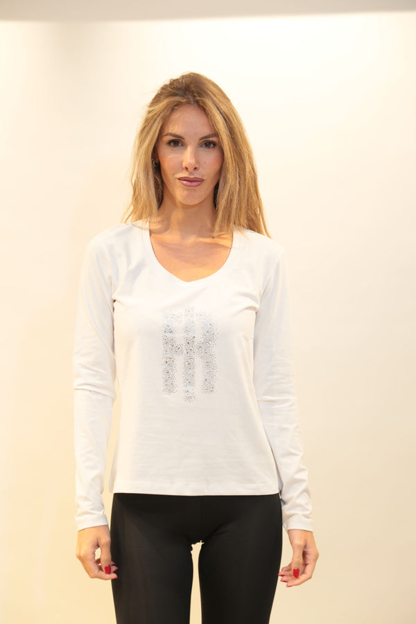 FRACOMINA - T-Shirt Slim Bianca a Maniche Lunghe Donna